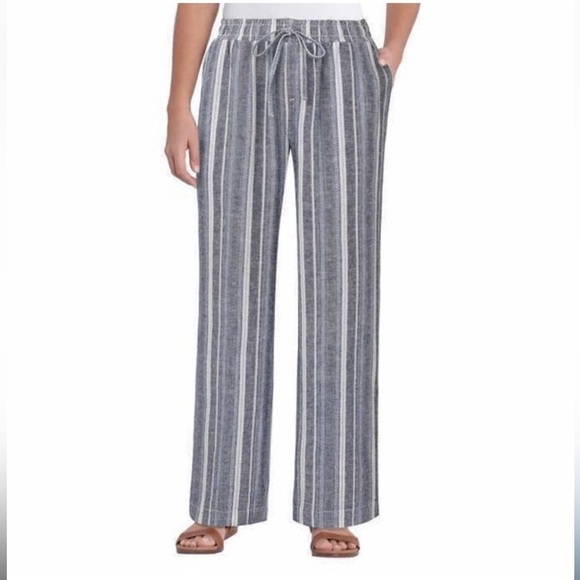 Briggs Womens Linen Blend Drawstring Pants Blue W/White, Size L - Picture 1 of 4